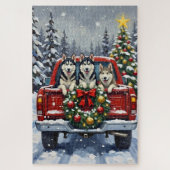Siberian Husky Christmas Red Truck Holiday Legpuzzel (Verticaal)
