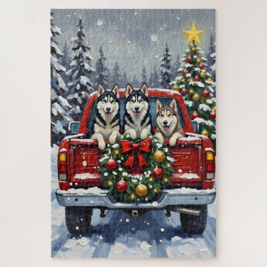 Siberian Husky Christmas Red Truck Holiday Legpuzzel (Verticaal)