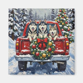 Siberian Husky Christmas Red Truck Holiday Magneet (Voorkant)