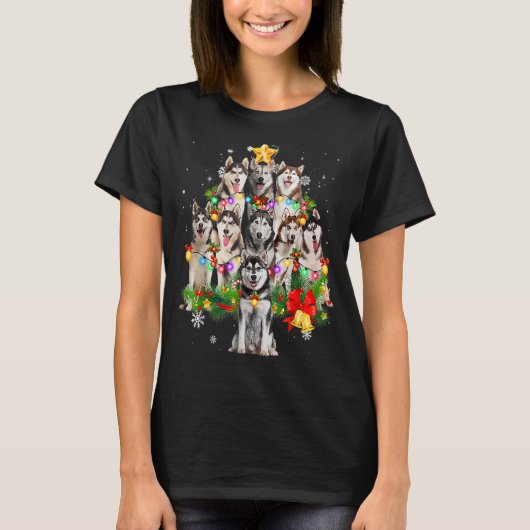 Siberian Husky Christmas Tree Dog Lights Pajamas X T-shirt (Voorkant)