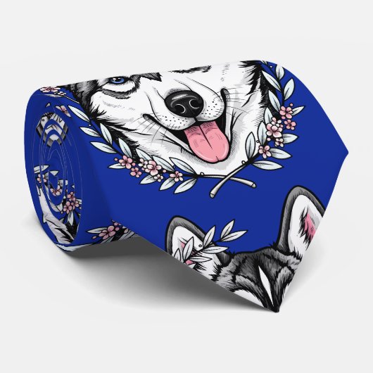 Siberian Husky Dog And Mountain Laurel Blossom Stropdas (Opgerold)