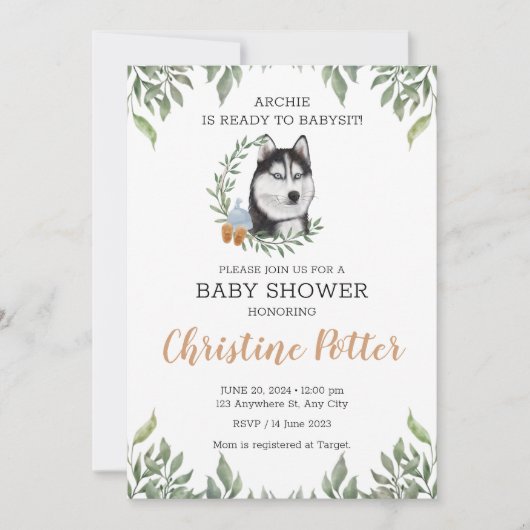 Siberian Husky Dog Boy Boho Greenery Baby shower Kaart (Voorkant)