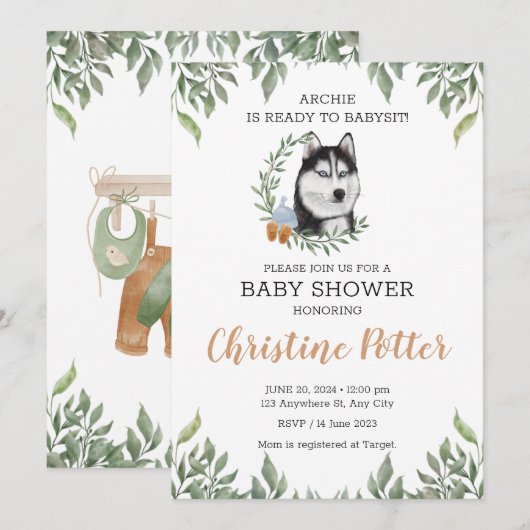 Siberian Husky Dog Boy Boho Greenery Baby shower Kaart (Voorkant / Achterkant)
