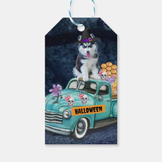 Siberian Husky Dog Halloween Truck Scary Night Cadeaulabel (Voorkant)