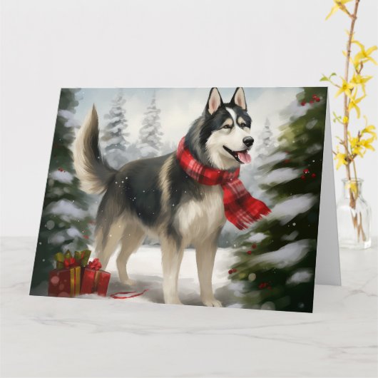 Siberian Husky Dog in sneeuwkerst Kaart (Gele Bloem)