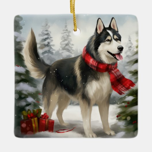 Siberian Husky Dog in sneeuwkerst Keramisch Ornament (Voorkant)