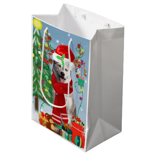 Siberian Husky Dog in sneeuwkerst Medium Cadeauzakje (Voorkant Gekanteld)
