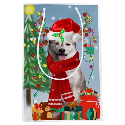 Siberian Husky Dog in sneeuwkerst Medium Cadeauzakje (Voorkant)