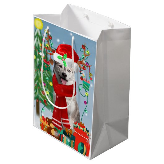 Siberian Husky Dog in sneeuwkerst Medium Cadeauzakje (Achterkant Gekanteld)