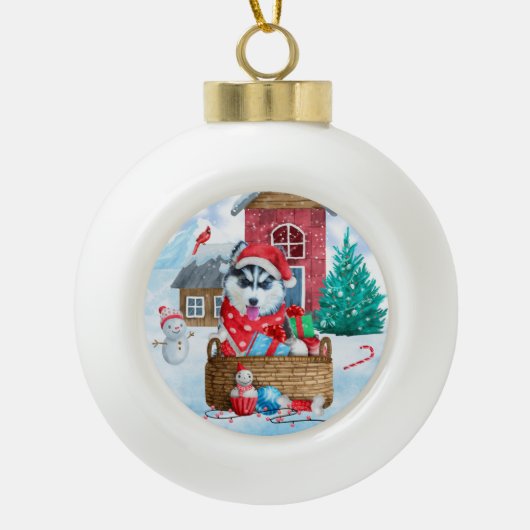 Siberian Husky Dog in sneeuwkersthondenhuis Keramische Bal Ornament (Voorkant)