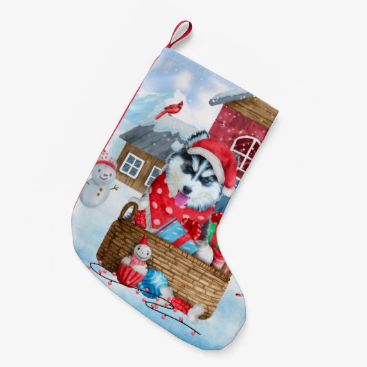 Siberian Husky Dog in sneeuwkersthondenhuis Kleine Kerstsok (Voorkant (Hangend))