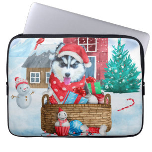 Siberian Husky Dog in sneeuwkersthondenhuis Laptop Sleeve