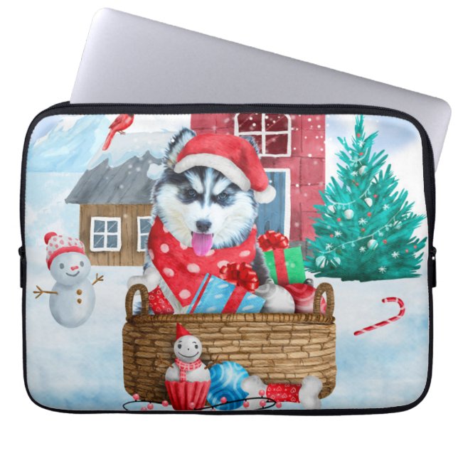 Siberian Husky Dog in sneeuwkersthondenhuis Laptop Sleeve (Voorkant)