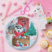 Siberian Husky Dog in sneeuwkersthondenhuis Papieren Bordje (Feest)