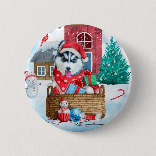 Siberian Husky Dog in sneeuwkersthondenhuis Ronde Button 5,7 Cm (Voorkant)