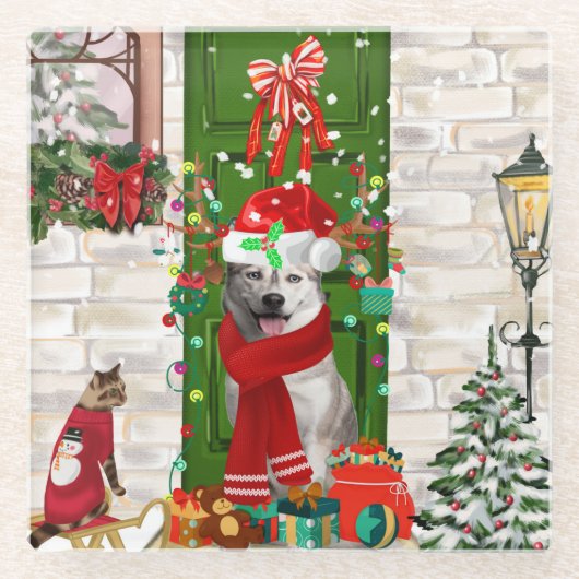 Siberian Husky Dog Kerstmis Glazen Onderzetter (Voorkant)
