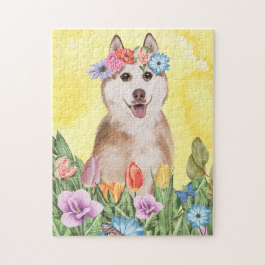Siberian Husky Dog met Flowers Spring Legpuzzel (Verticaal)