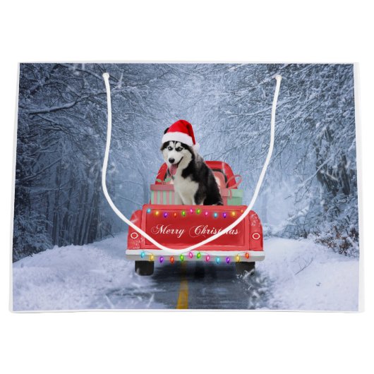 Siberian Husky Dog op sneeuw tijdens de kerstmis Groot Cadeauzakje (Voorkant)