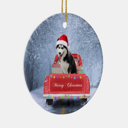 Siberian Husky Dog op sneeuw tijdens de kerstmis Keramisch Ornament (Rechts)