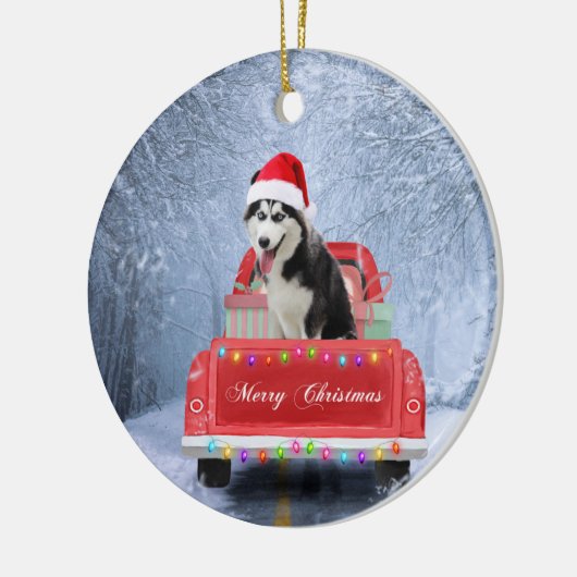 Siberian Husky Dog op sneeuw tijdens de kerstmis Keramisch Ornament (Links)