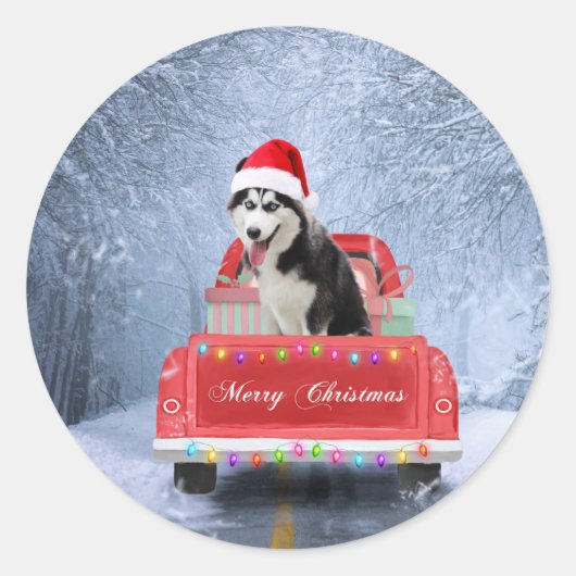 Siberian Husky Dog op sneeuw tijdens de kerstmis Ronde Sticker (Voorkant)