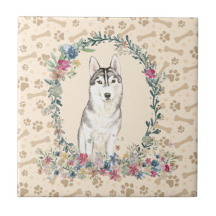 Siberian Husky Dog Paw Print Floral Cute beige Tegeltje
