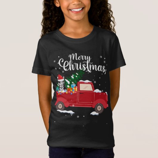 Siberian Husky Dog Riding Red Truck Kerstmis T-shirt (Voorkant)