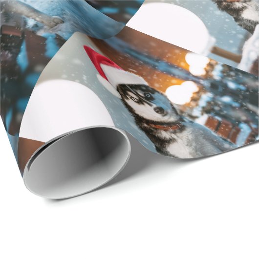 Siberian Husky dog wearing santa hat Cadeaupapier (Rol Hoek)