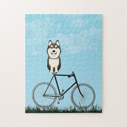 Siberian Husky Dog zit op de  fiets Legpuzzel (Verticaal)