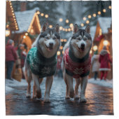 Siberian Husky Dogs Christmas Snow Holiday  Douchegordijn (Voorkant)