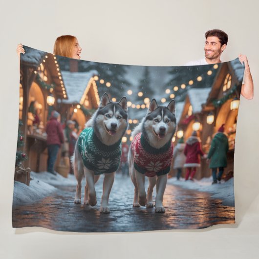 Siberian Husky Dogs Christmas Snow Holiday  Fleece Deken (In situ)