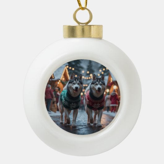 Siberian Husky Dogs Christmas Snow Holiday  Keramische Bal Ornament (Voorkant)