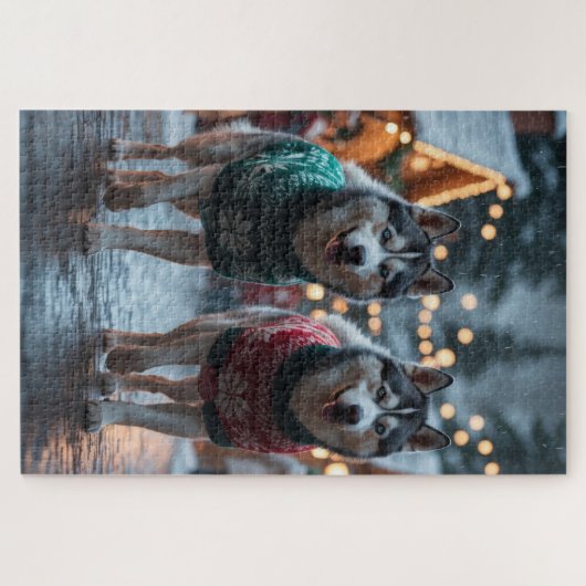 Siberian Husky Dogs Christmas Snow Holiday  Legpuzzel (Horizontaal)