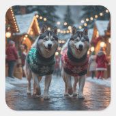 Siberian Husky Dogs Christmas Snow Holiday  Vierkante Sticker (Voorkant)