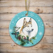 Siberian Husky Evergreen Blue Snowflake Border Keramisch Ornament