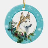 Siberian Husky Evergreen Blue Snowflake Border Keramisch Ornament (Voorkant)