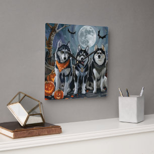 Siberian Husky Halloween Griezelen  Vierkante Klok