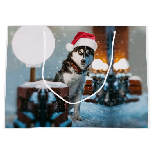 Siberian Husky hond met kersthoed Groot Cadeauzakje (Voorkant)