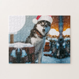 Siberian Husky hond met kersthoed Legpuzzel