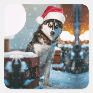 Siberian Husky hond met kersthoed Vierkante Sticker