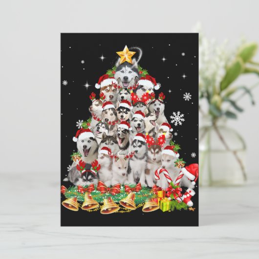 Siberian Husky Kerstboom Lichtjes Grappige Hond Feestdagenkaart (Staand voorkant)