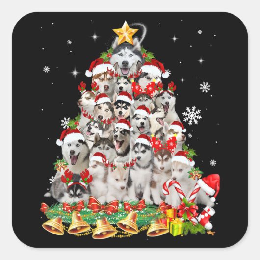 Siberian Husky kerstboom verlicht Funny Dog Vierkante Sticker (Voorkant)