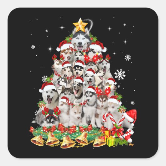 Siberian Husky kerstboom verlicht Funny Dog Vierkante Sticker (Voorkant)