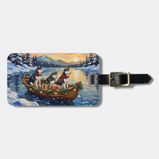 Siberian Husky Kerstboot Vakantie Bagagelabel (Voorkant horizontaal)