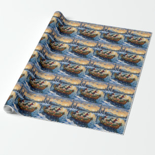 Siberian Husky Kerstboot Vakantie Cadeaupapier