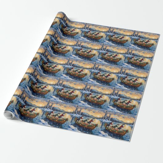 Siberian Husky Kerstboot Vakantie Cadeaupapier (Uitgerold)