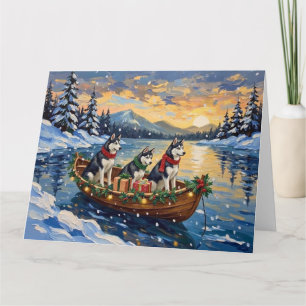 Siberian Husky Kerstboot Vakantie Kaart