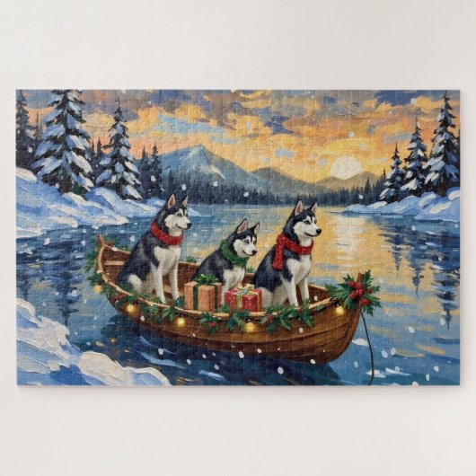 Siberian Husky Kerstboot Vakantie Legpuzzel (Horizontaal)