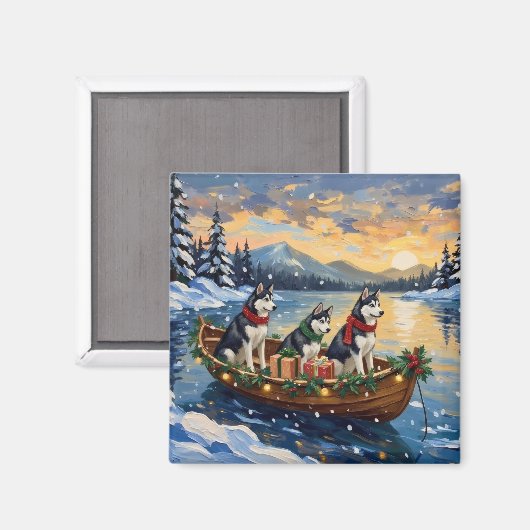 Siberian Husky Kerstboot Vakantie Magneet (Voorkant / Achterkant)
