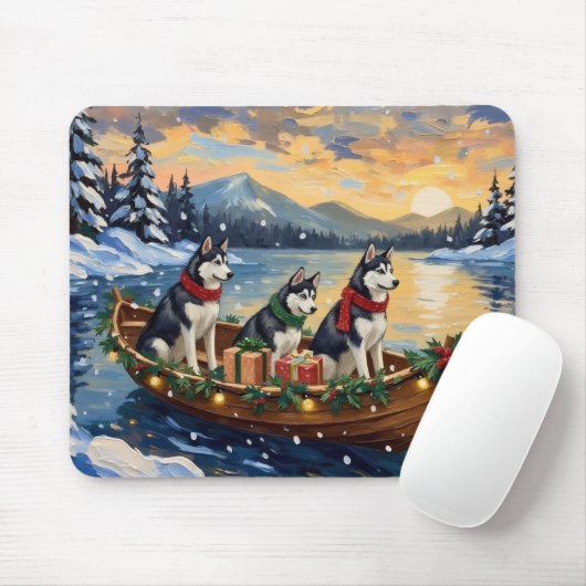 Siberian Husky Kerstboot Vakantie Muismat (Met muis)
